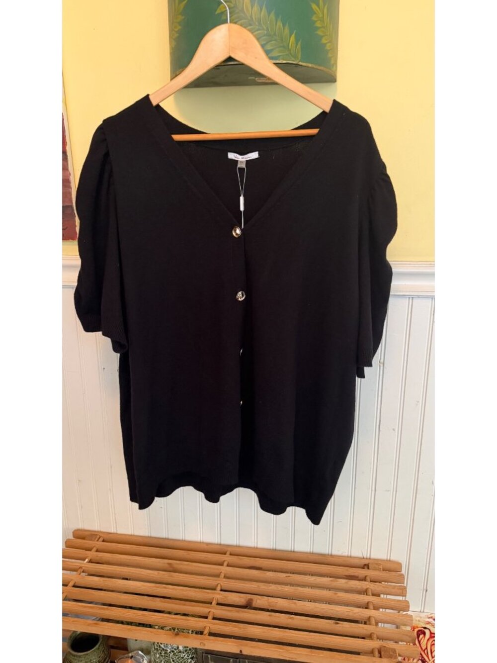 Vila Milano Womens Black Button-Front Cardigan With Puff Sleeves Size 2X